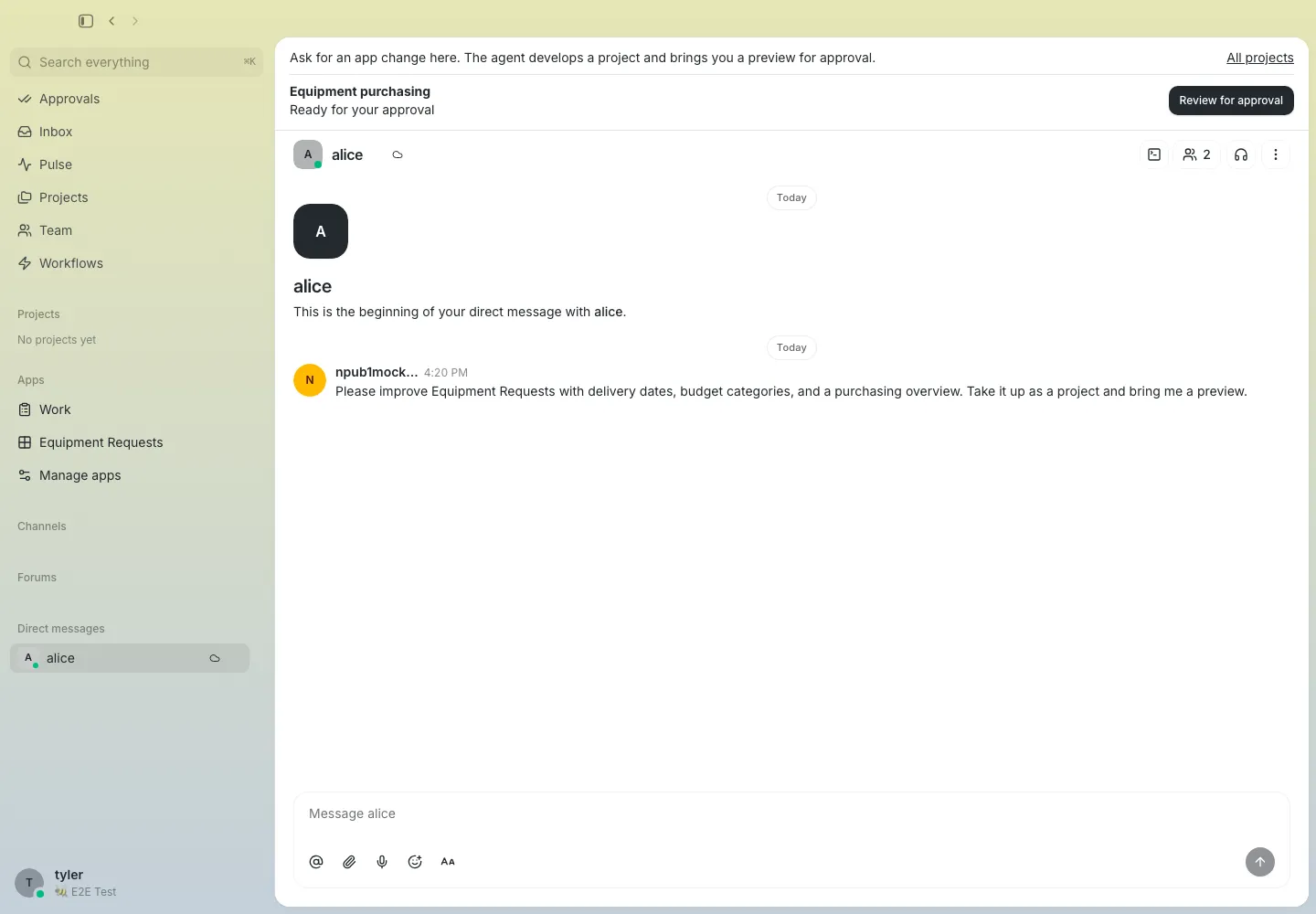 A user asks an agent in a direct message to improve an app, and the resulting project comes back ready for approval.