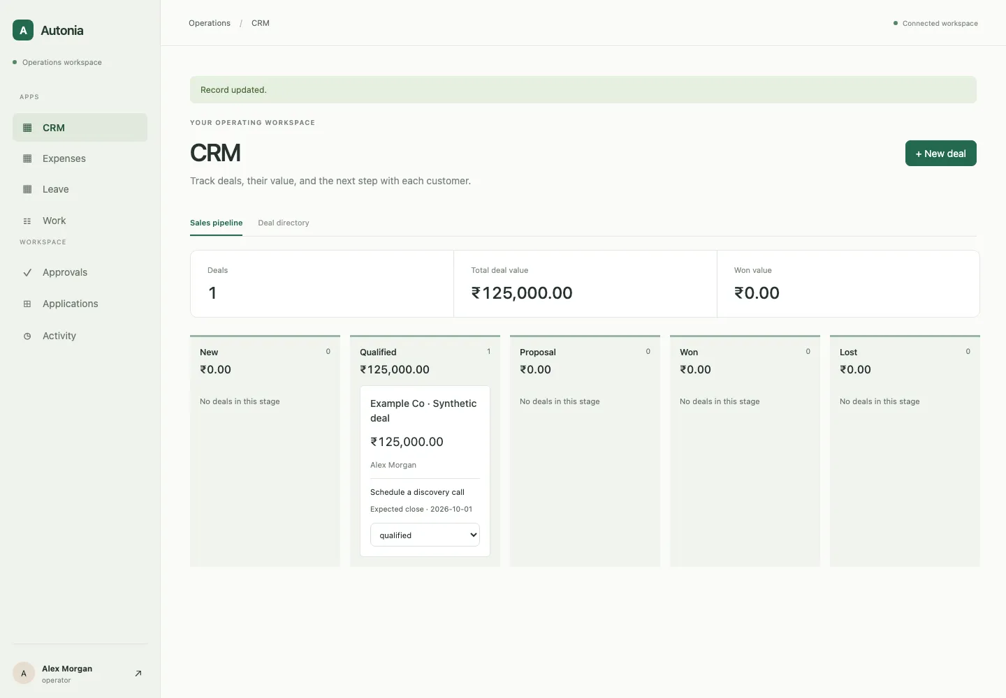 A CRM app built inside the workspace shows a sales pipeline with deal stages and totals.