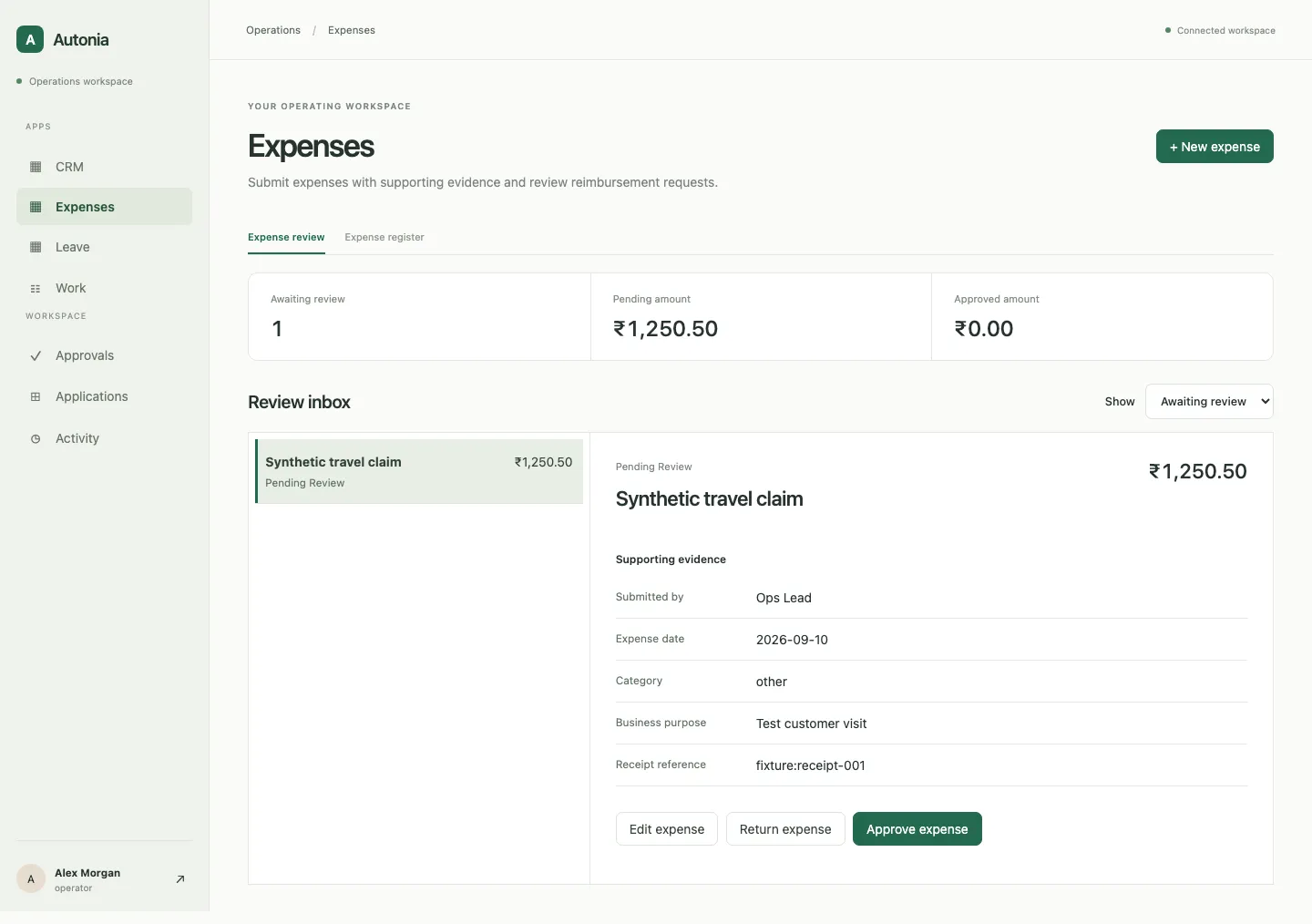 In the Expenses app, a reviewer checks a claim and its supporting evidence, then approves or returns it.