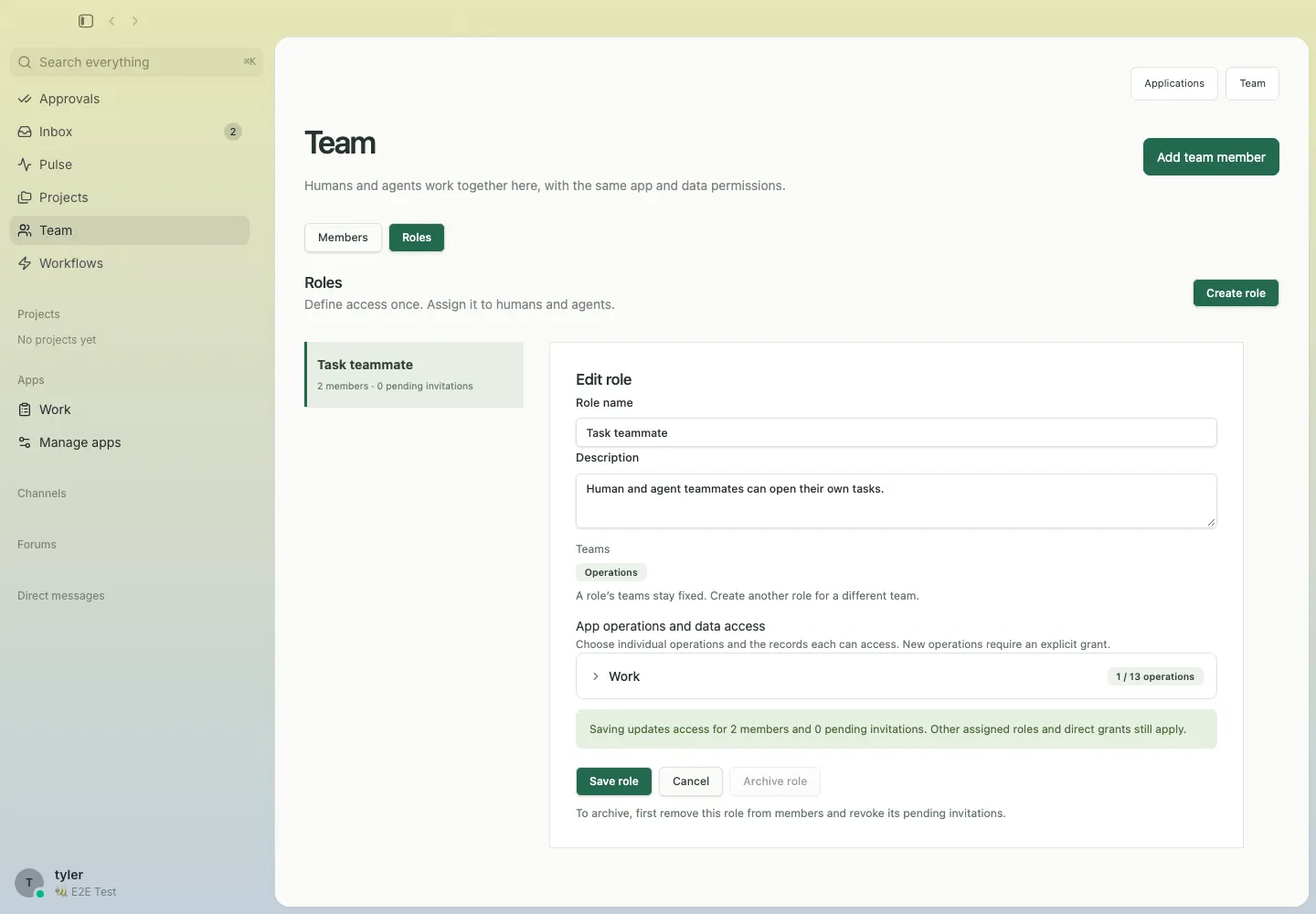 A role is defined once and gives humans and agents the same app and data permissions.