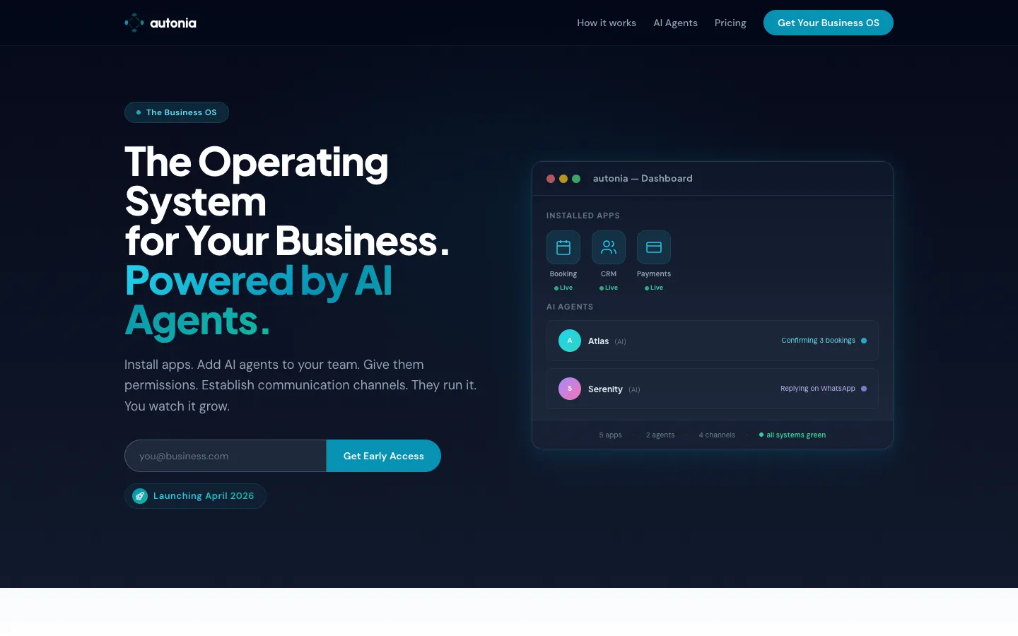 The public autonia.ai landing page presents Autonia as a business operating system run by AI agents.