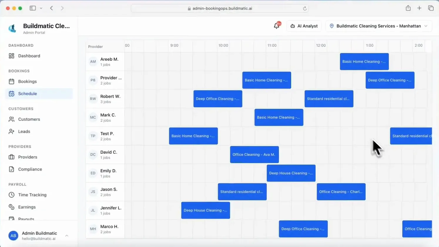 The admin schedule timeline lays out every provider's jobs for the day, per location.