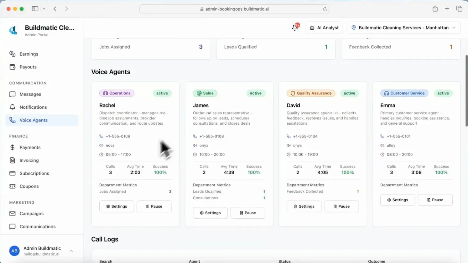 AI voice agents for operations, sales, quality and customer service, each with its own hours, calls and success rate.