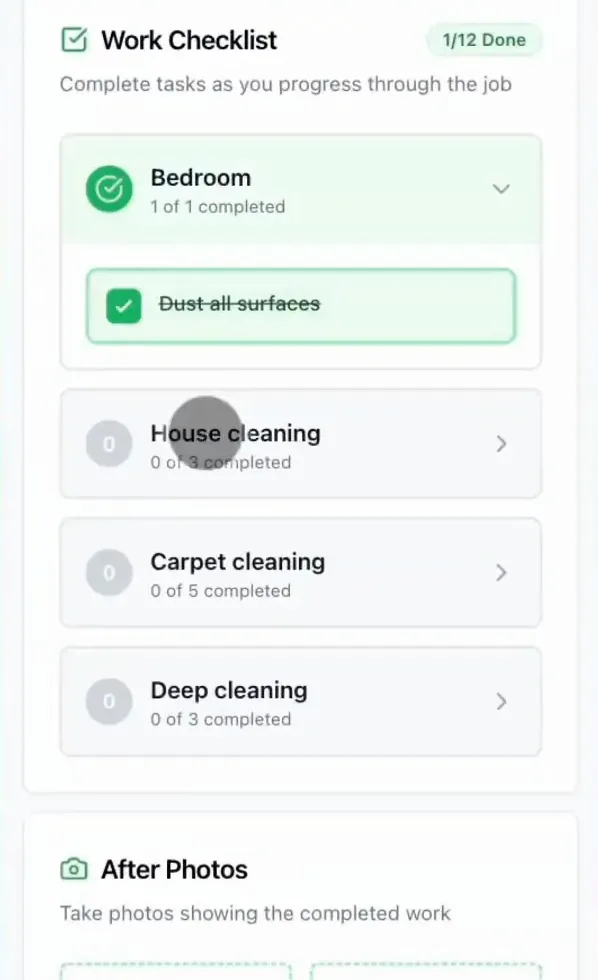 In the provider app, a cleaner ticks off a room-by-room checklist and adds after-photos as the job progresses.