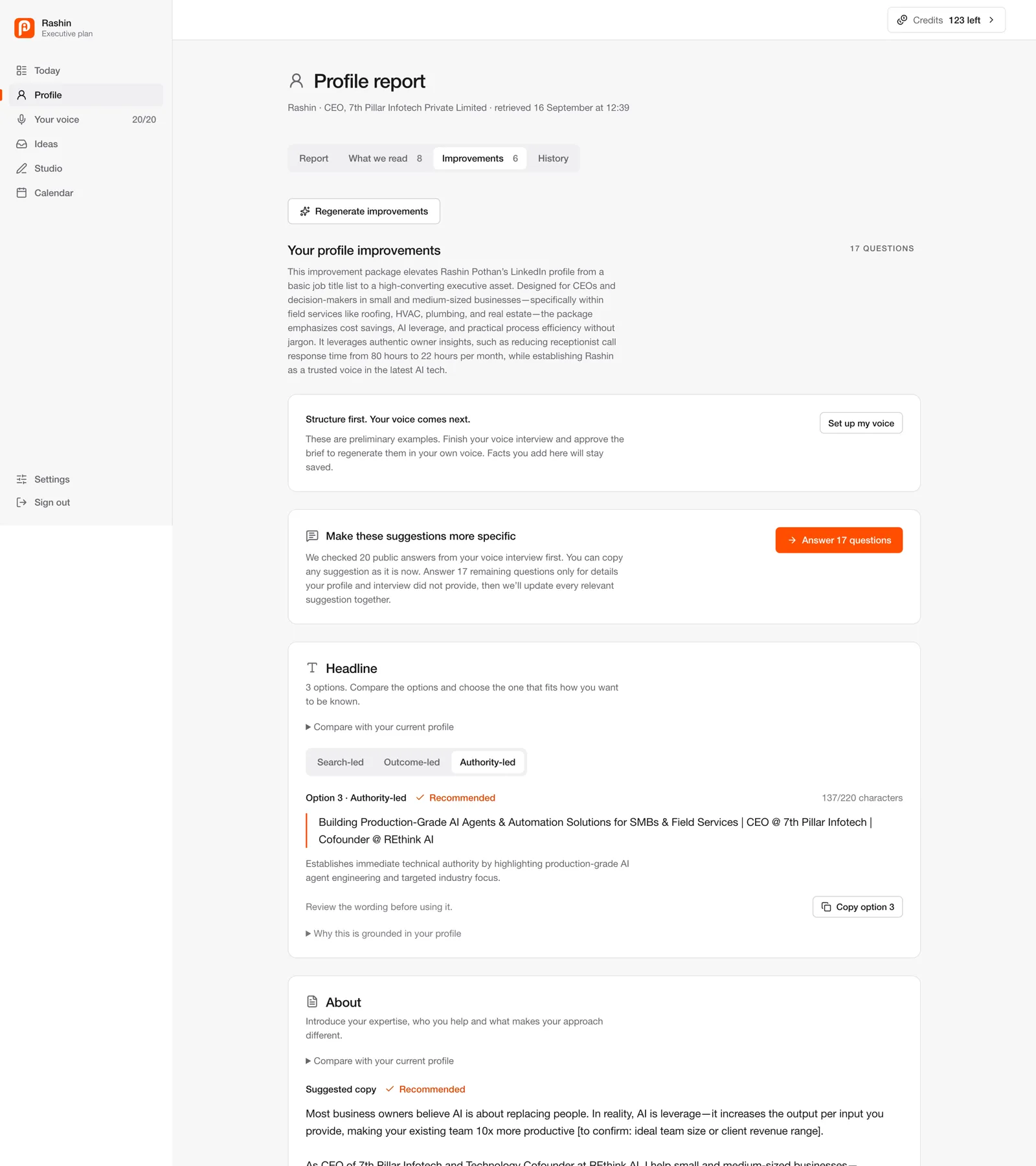 The Improvements tab suggests rewritten headline and About copy, marks one option as recommended and explains the reasoning.