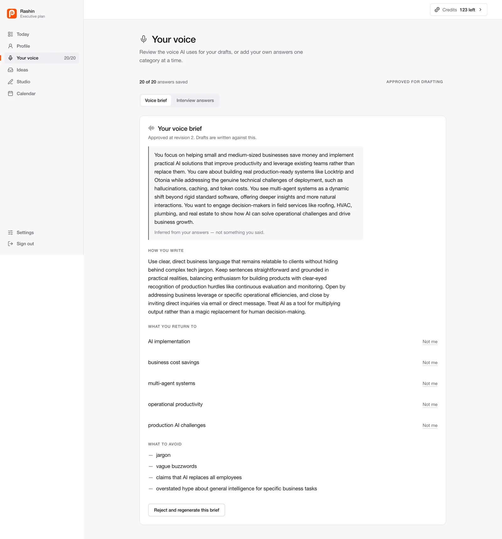 The Your voice page shows the approved voice brief: how the person writes, the topics they return to and what to avoid.
