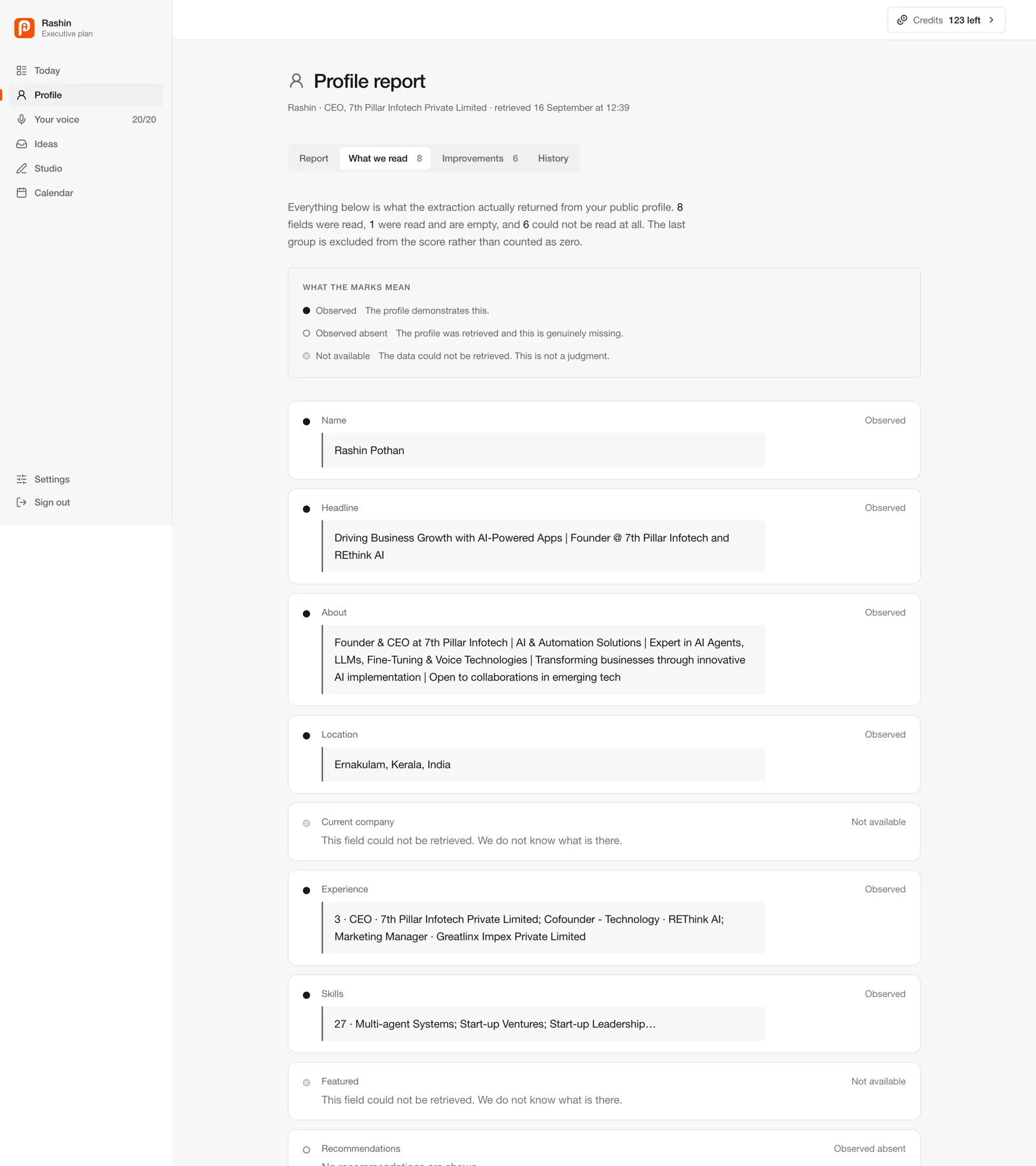 The What we read tab lists each profile field that was retrieved, found empty or unavailable, so nothing missing gets scored as zero.