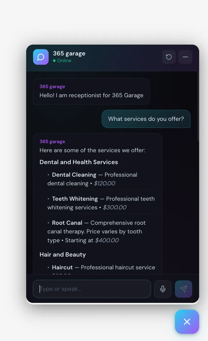 The embeddable chat widget answers a visitor's question by listing services and prices from the business catalog.