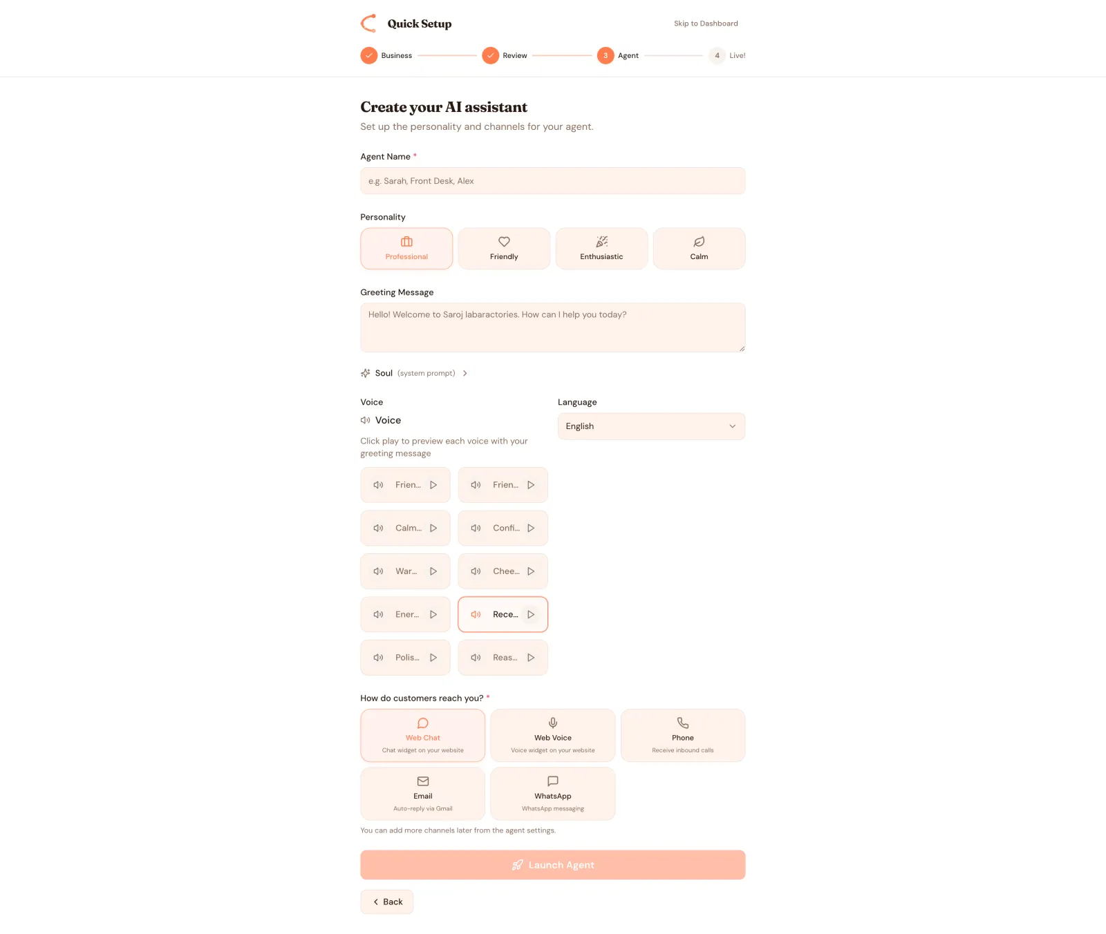 In Quick Setup, the owner picks the assistant's personality, voice, language and channels (web chat, web voice, phone, email, WhatsApp).