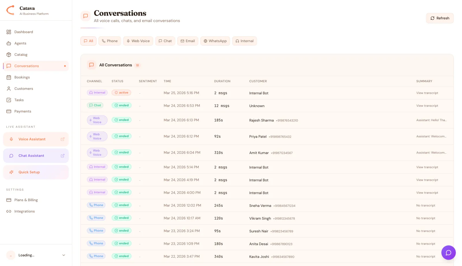 The Conversations inbox lists every call, web voice session and chat, with status, duration and a link to the transcript.