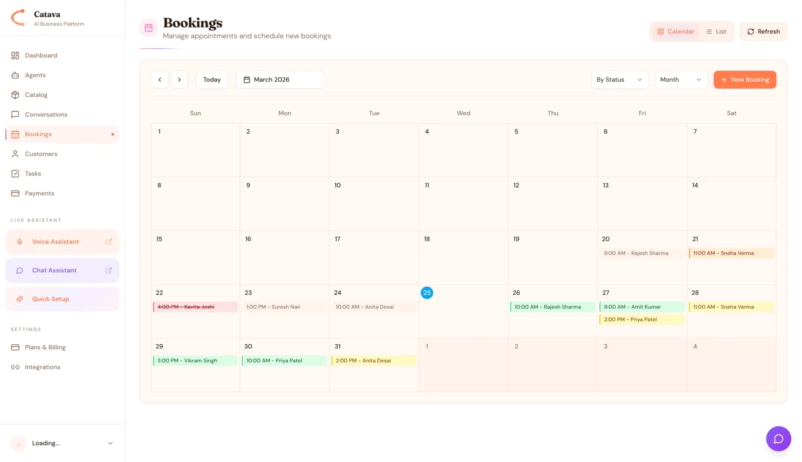 The Bookings calendar shows the month's appointments, colour-coded by status, including ones the AI booked.