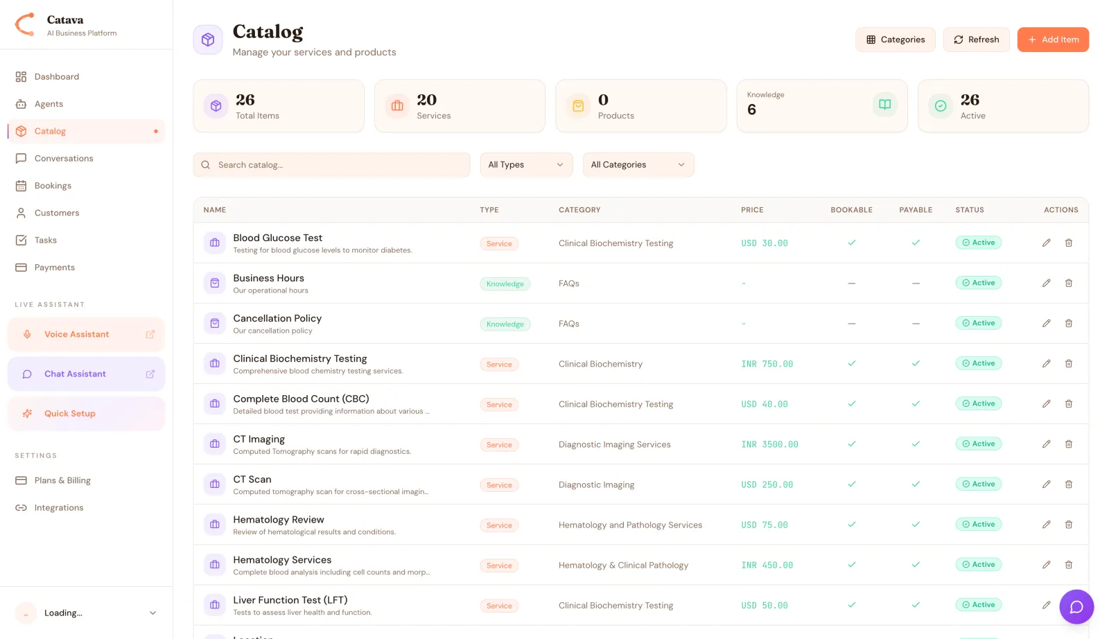 The Catalog holds the services and knowledge articles the AI uses, each with a price, category and bookable/payable flags.