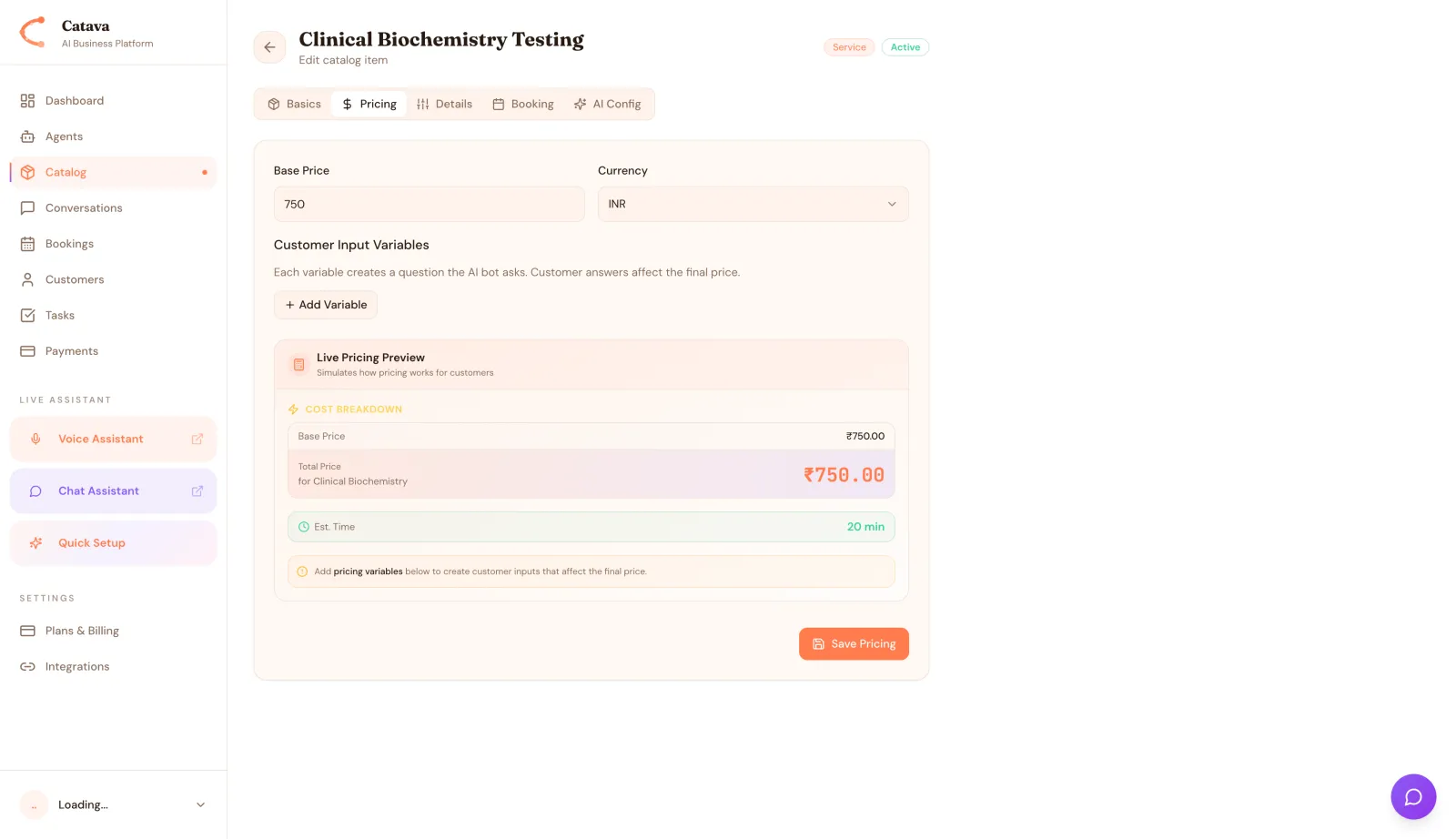 The catalog pricing editor sets a base price and customer input variables, and shows a live pricing preview.