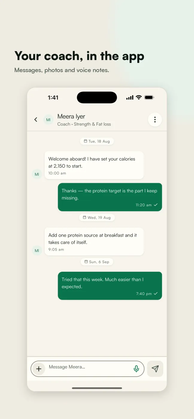 The in-app coach chat, where a coach sets calorie targets and the client replies with progress.