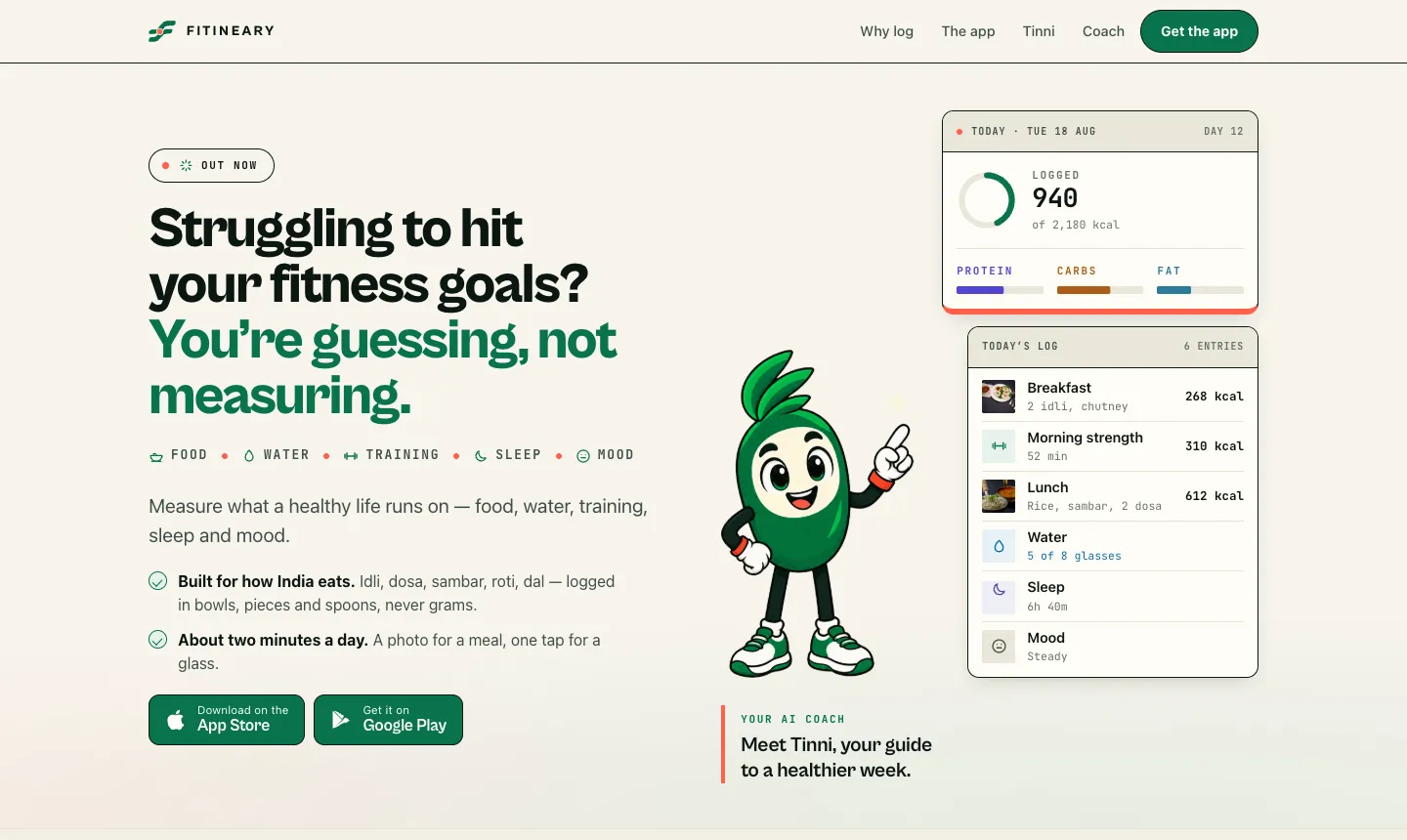The fitineary.com landing page with the Tinni mascot, a sample day's log, and App Store and Google Play buttons.