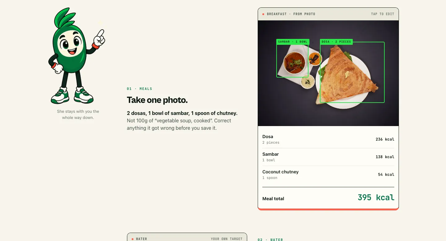 Photo logging on the website: the AI spots dosa, sambar and chutney on a plate and totals the meal at 395 kcal.