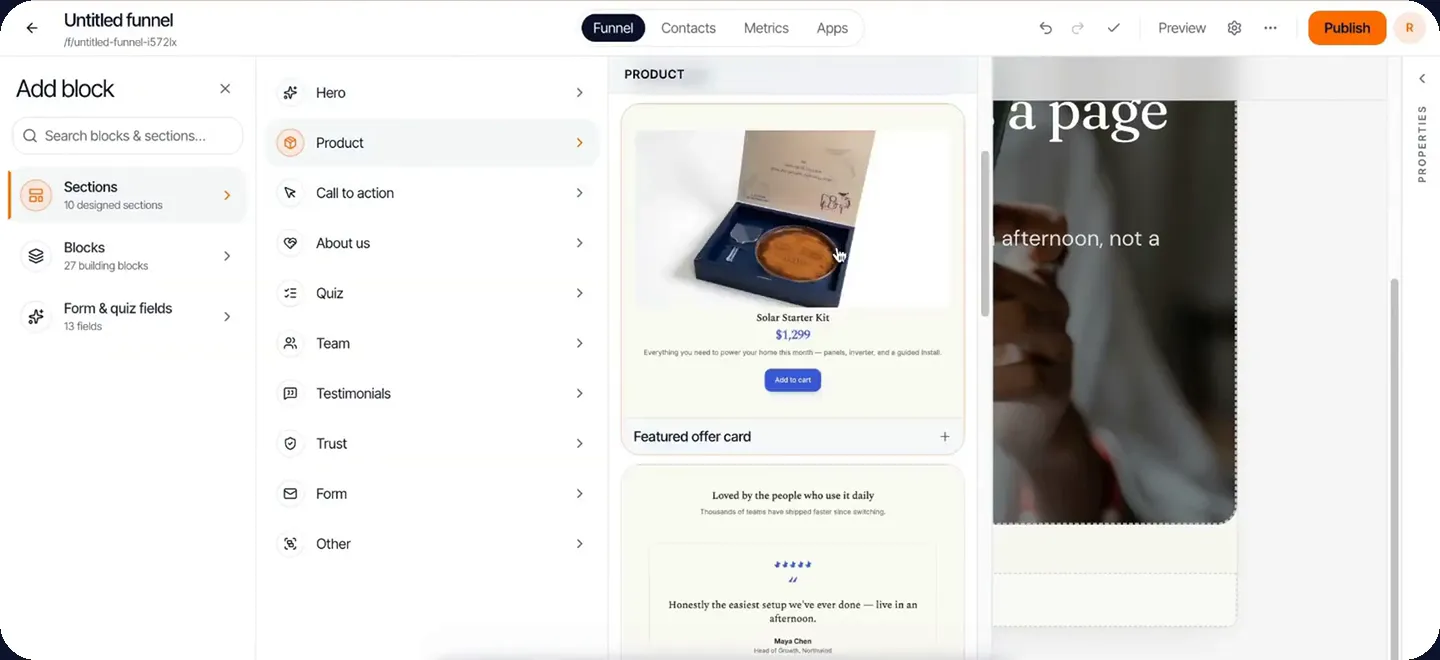The FunnelFab studio editor with the Add block panel open, showing designed sections such as product, testimonials and forms.