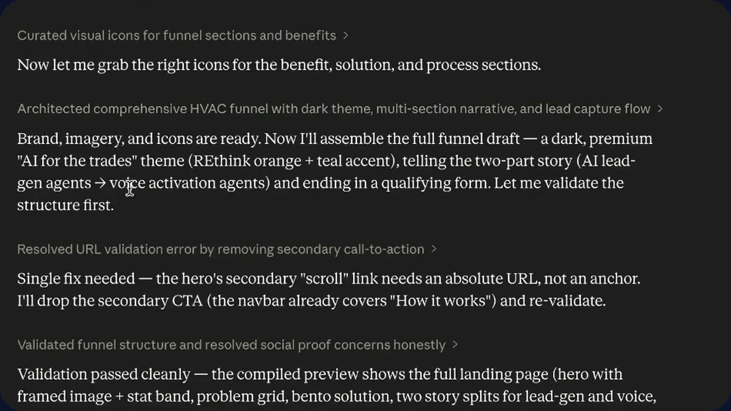 The AI agent explaining each build step as it imports the brand, finds imagery, assembles the funnel and validates it.