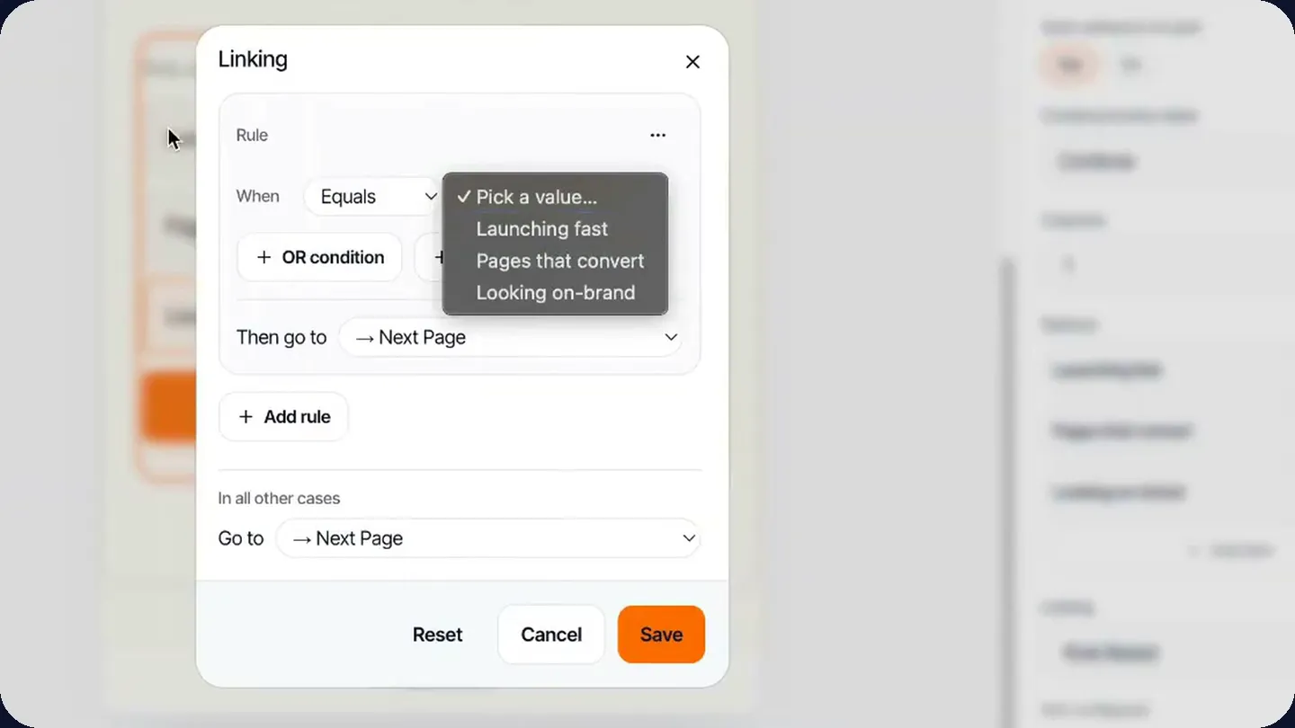 The branching-rule dialog, where a visitor's quiz answer decides which page they see next.