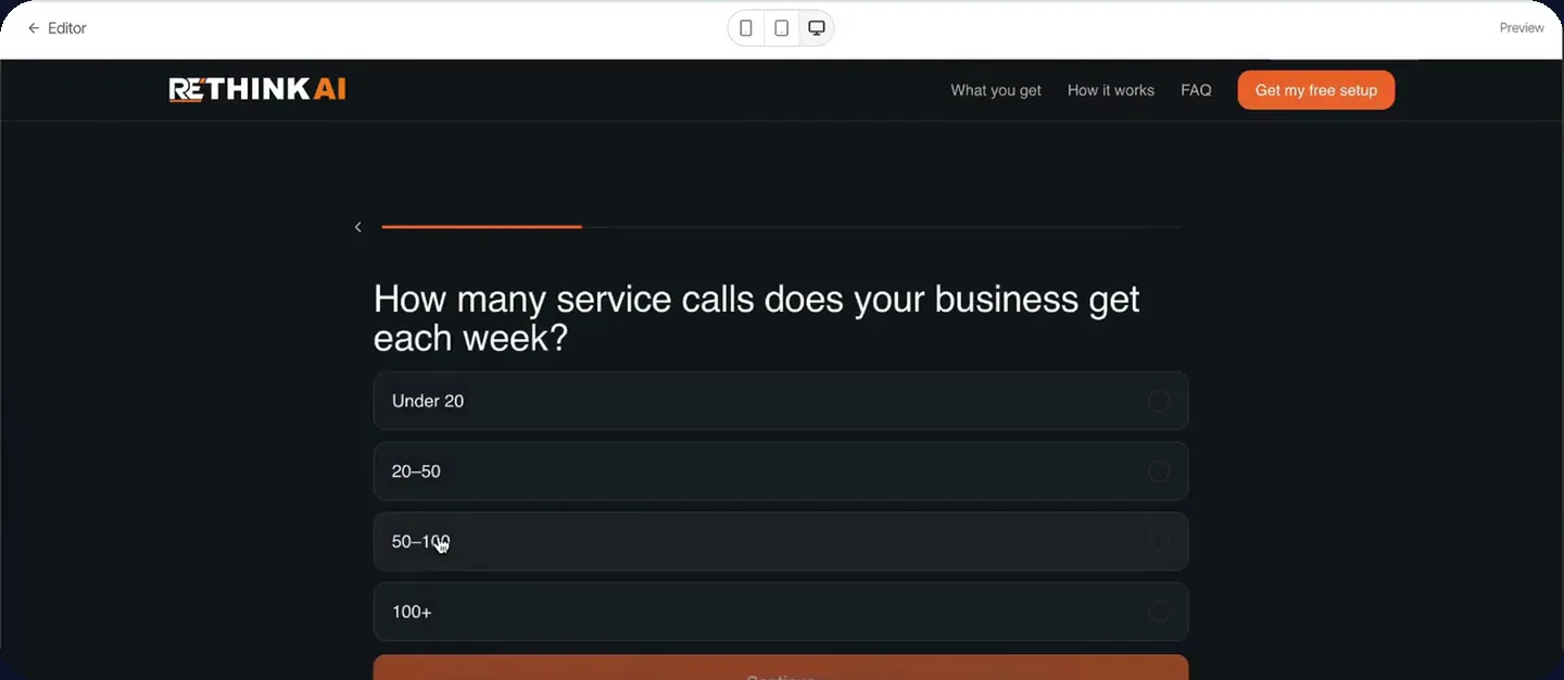 A qualifying quiz step in the generated funnel, asking how many service calls the business gets each week.