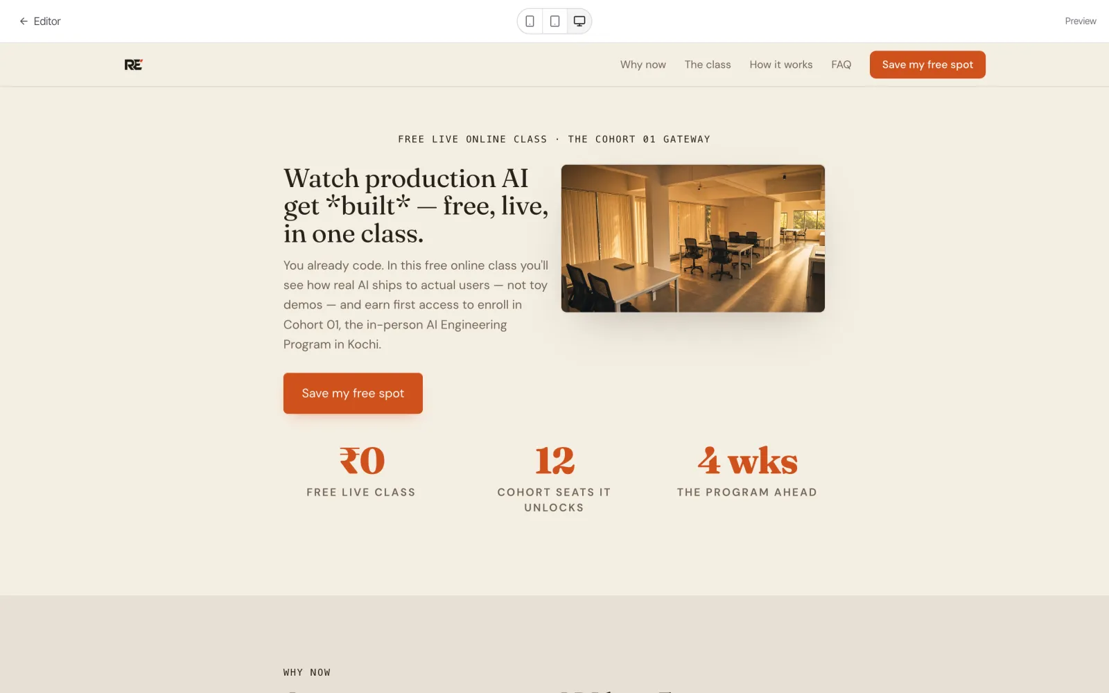 Another generated funnel, a sign-up page for a free live AI class, shown in FunnelFab's preview.
