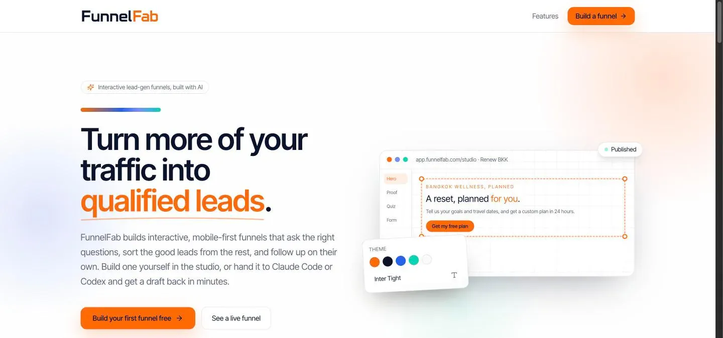 The funnelfab.com marketing site hero, which promises to turn more traffic into qualified leads with AI-built funnels.