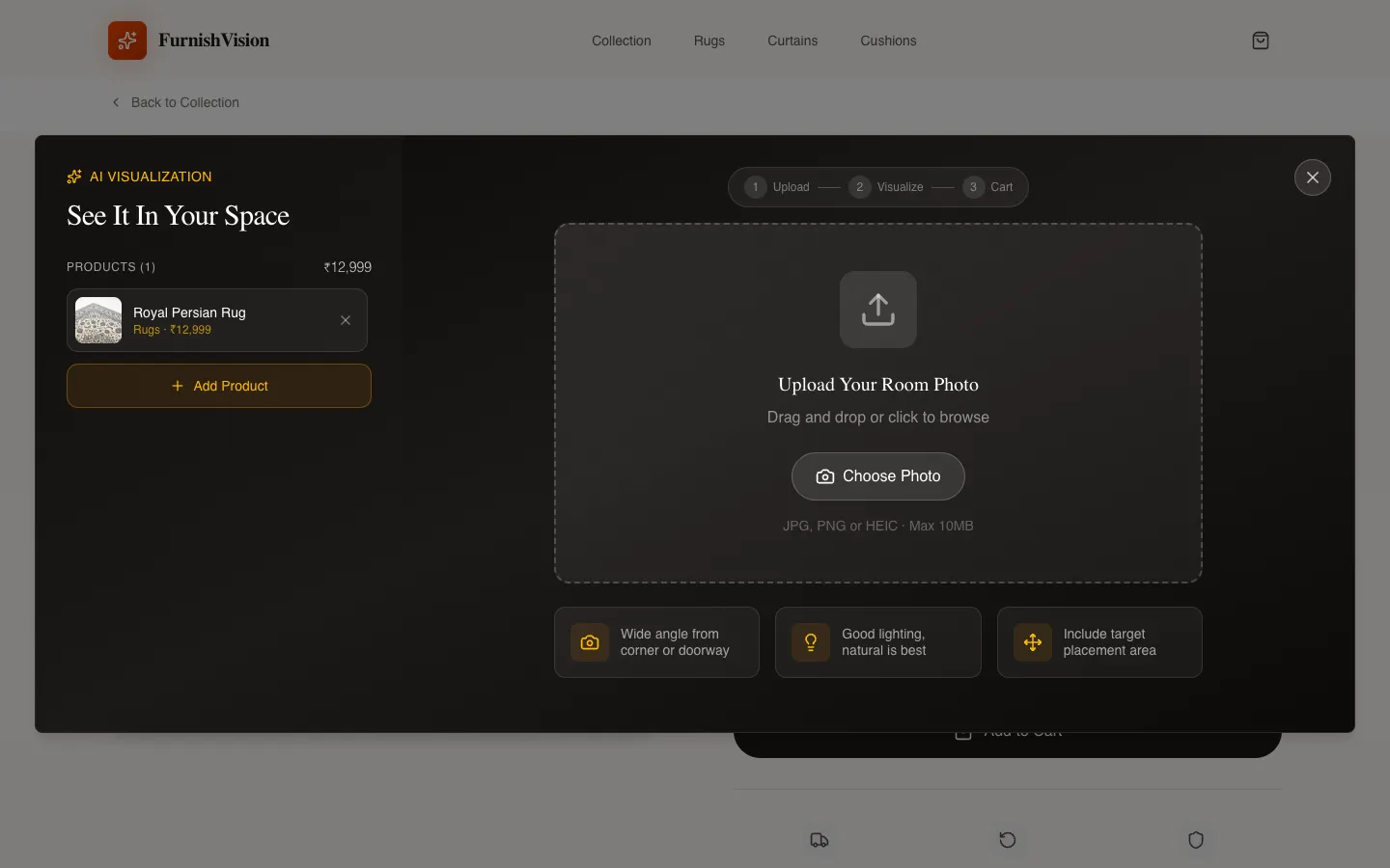 The AI visualization modal asks for a room photo, with the chosen product in a side panel and tips for a good shot.