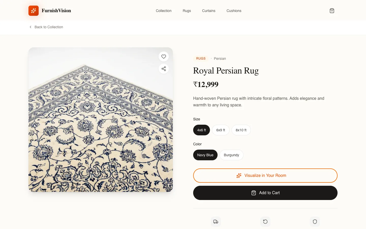 A product page offers size and colour choices, a Visualize in Your Room button and Add to Cart.