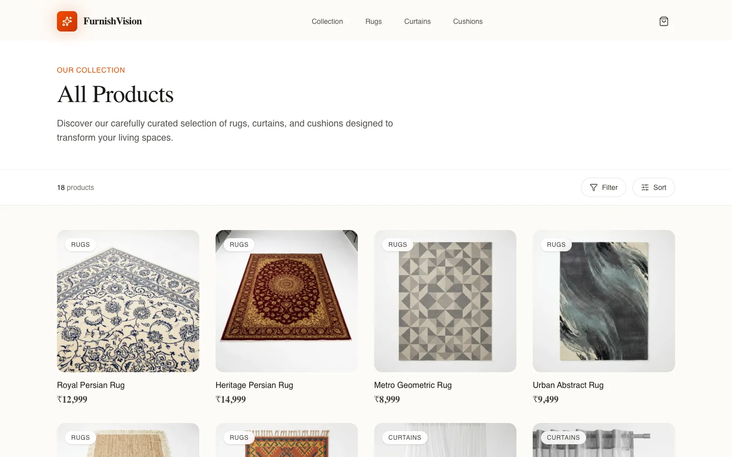 The collection page shows all 18 rugs, curtains and cushions with filter and sort controls.