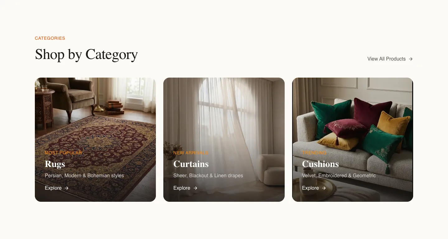 The Shop by Category section shows rugs, curtains and cushions photographed in styled rooms.