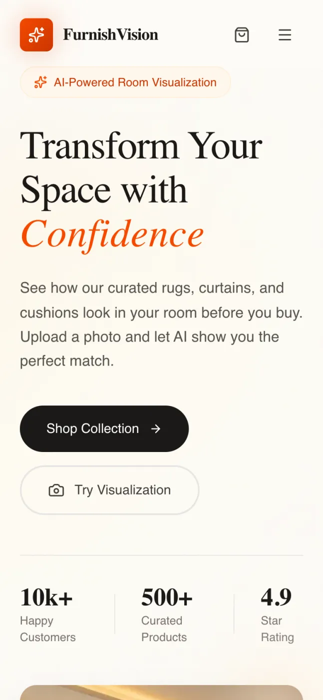 On mobile, the homepage hero has Shop Collection and Try Visualization buttons.