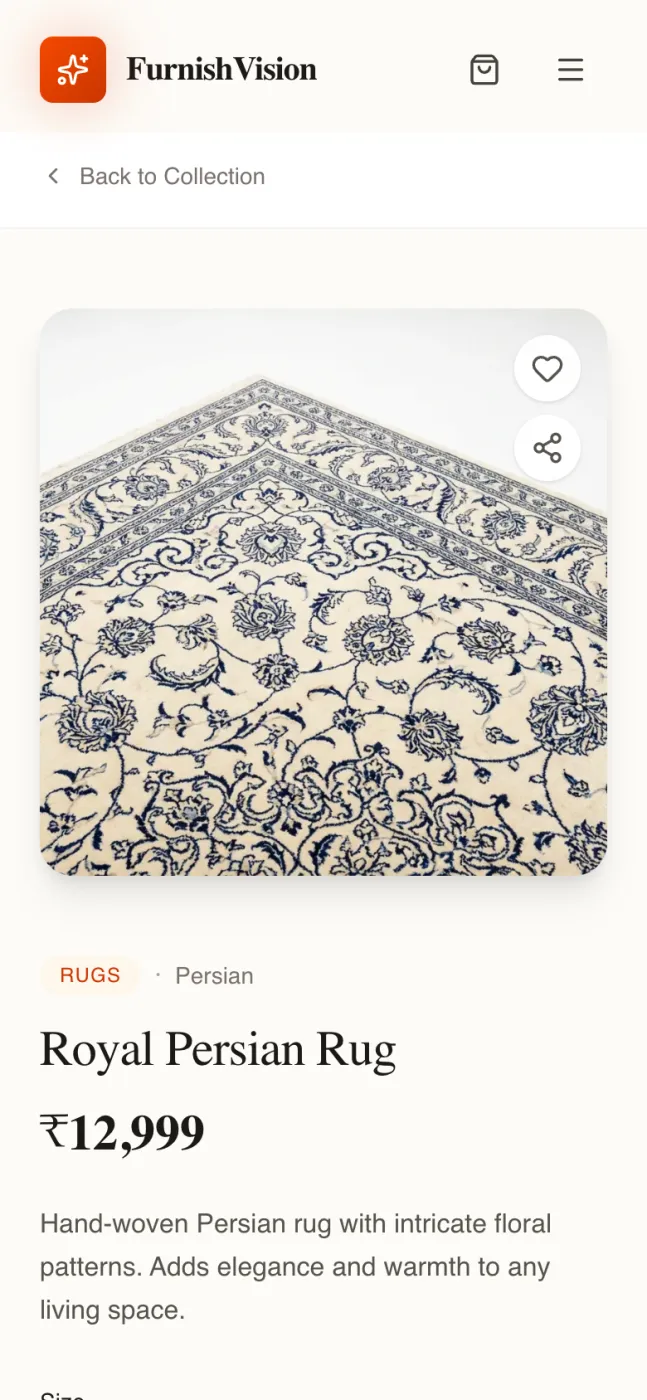 On mobile, the product page shows the rug image, category, price and description.