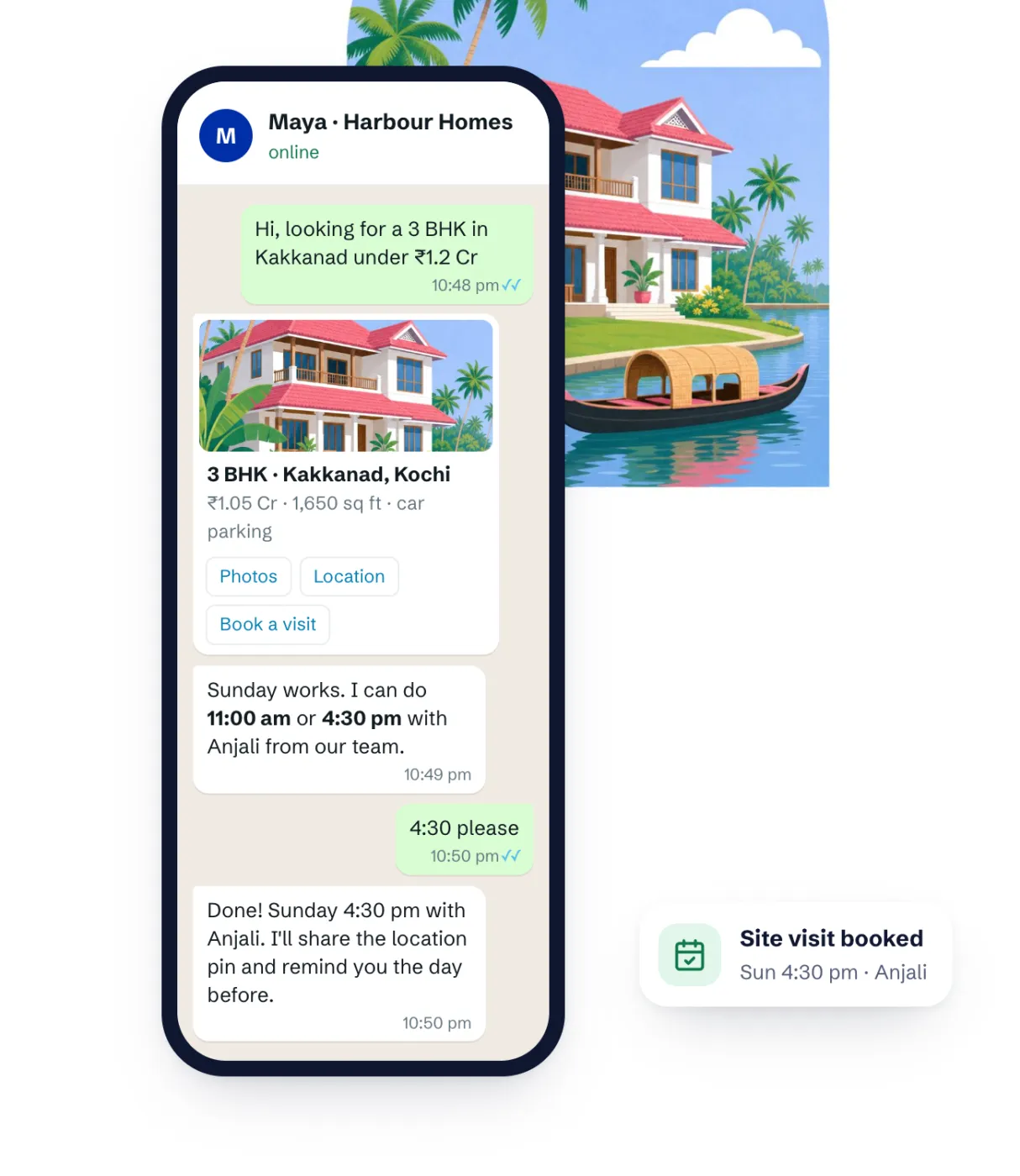 A late-night WhatsApp chat: Maya sends a matching 3 BHK listing card with Photos, Location and Book a visit buttons, then confirms a Sunday site visit.