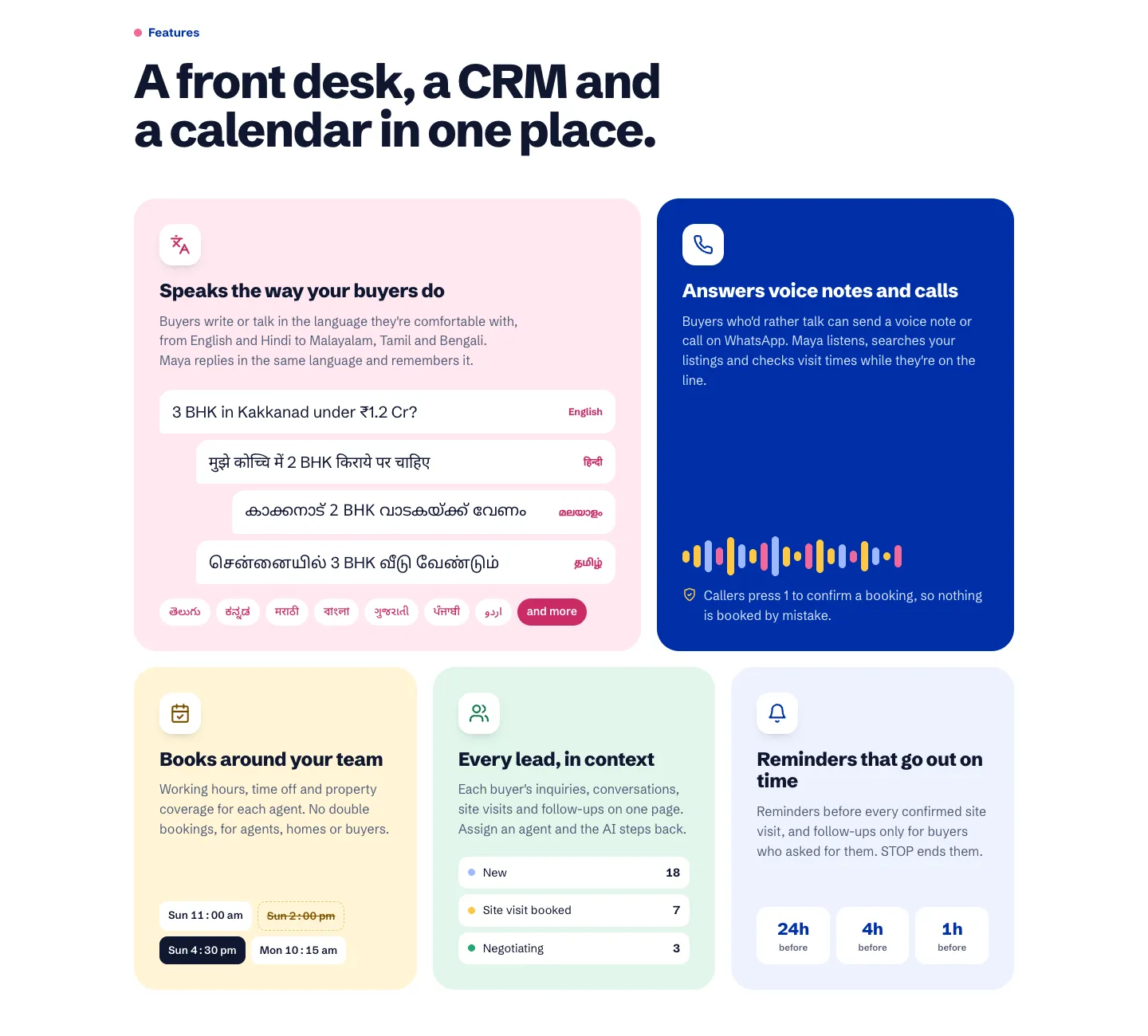 Feature grid: multilingual chat in English, Hindi, Malayalam and Tamil, voice notes and calls, team scheduling, lead pipeline and reminders.