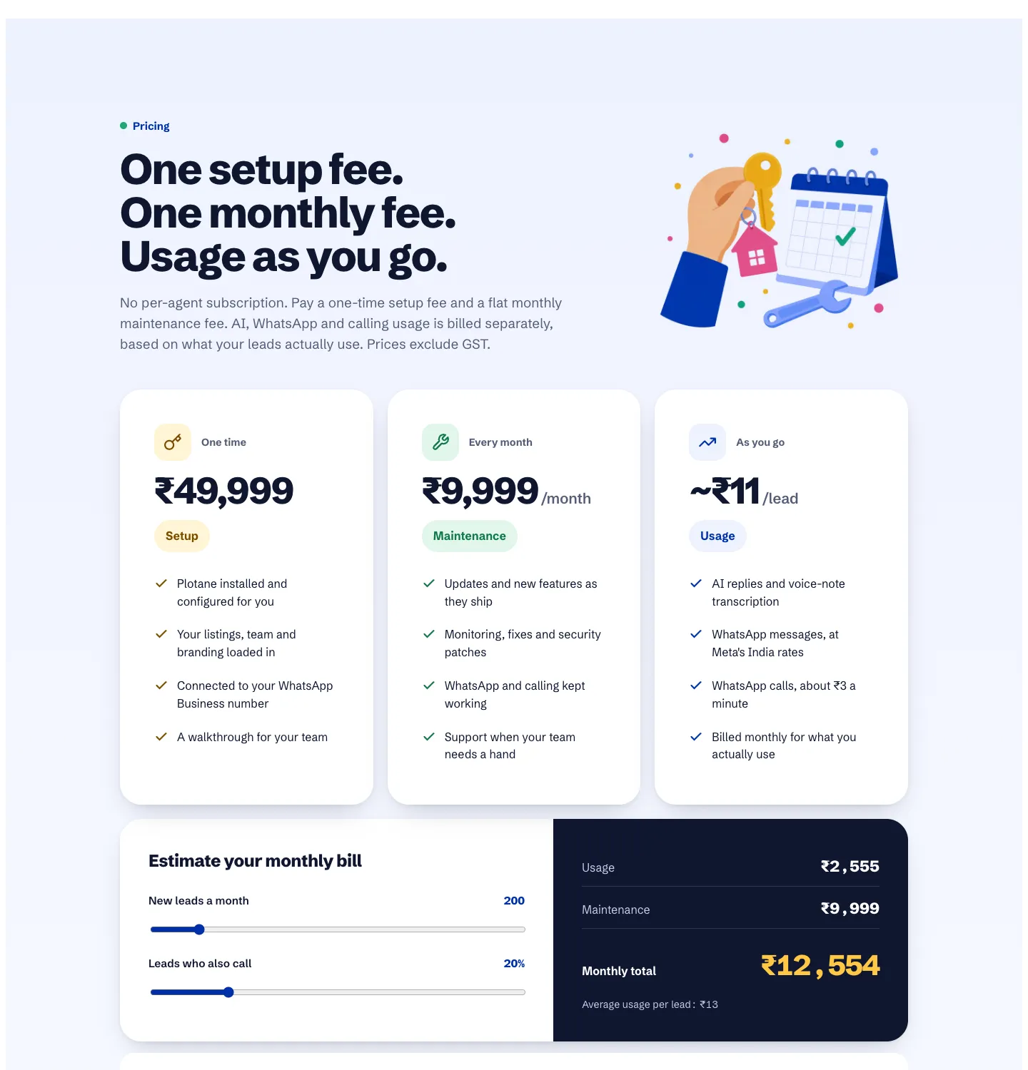 Pricing: a one-time setup fee, a flat monthly fee and per-lead usage, plus a live estimator for the monthly bill.