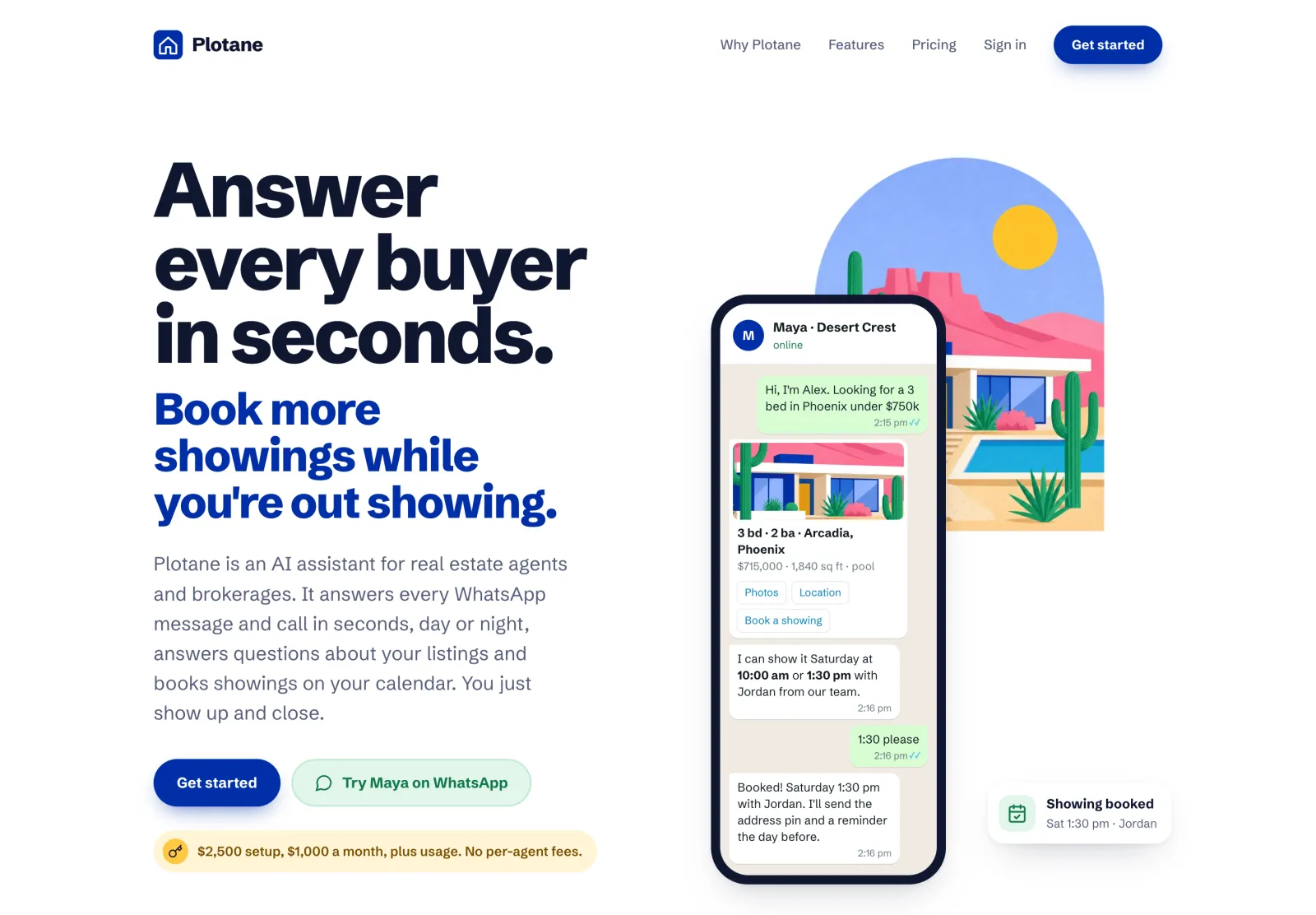 The US edition of the landing page, with Maya booking a showing for a Phoenix listing in dollars.