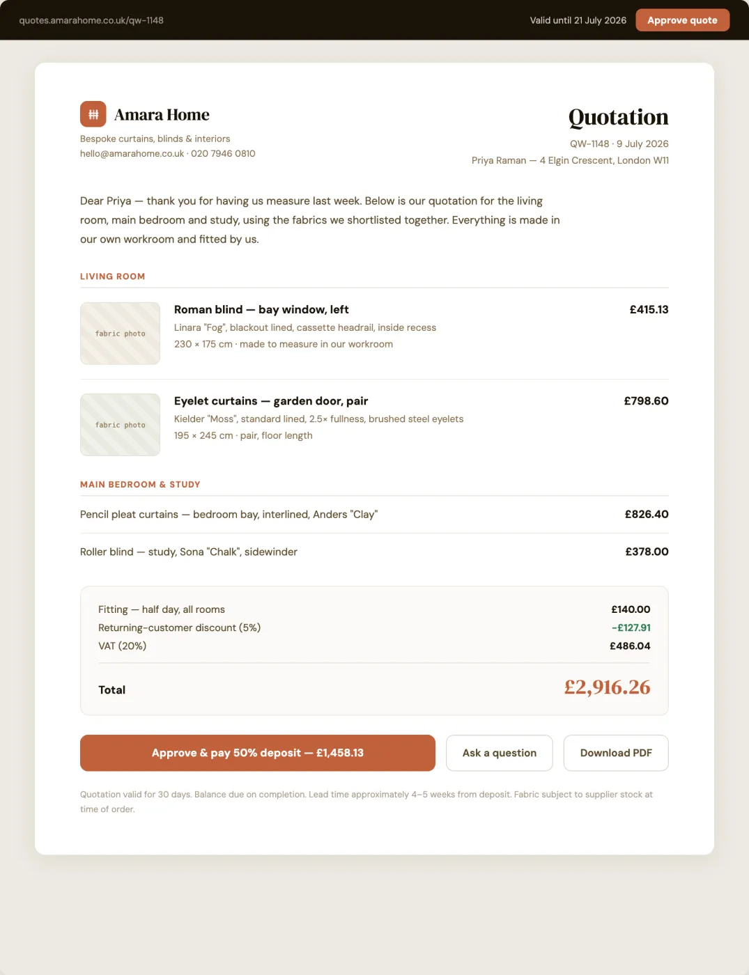 Design reference: the customer-facing quote, as a document with room-by-room items, totals and an approve-and-pay-deposit button.