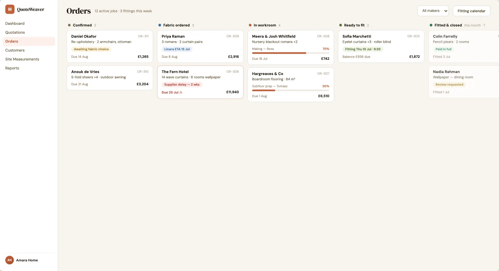 Design reference: the Orders board tracks jobs from confirmed through fabric ordered, workroom and fitting.